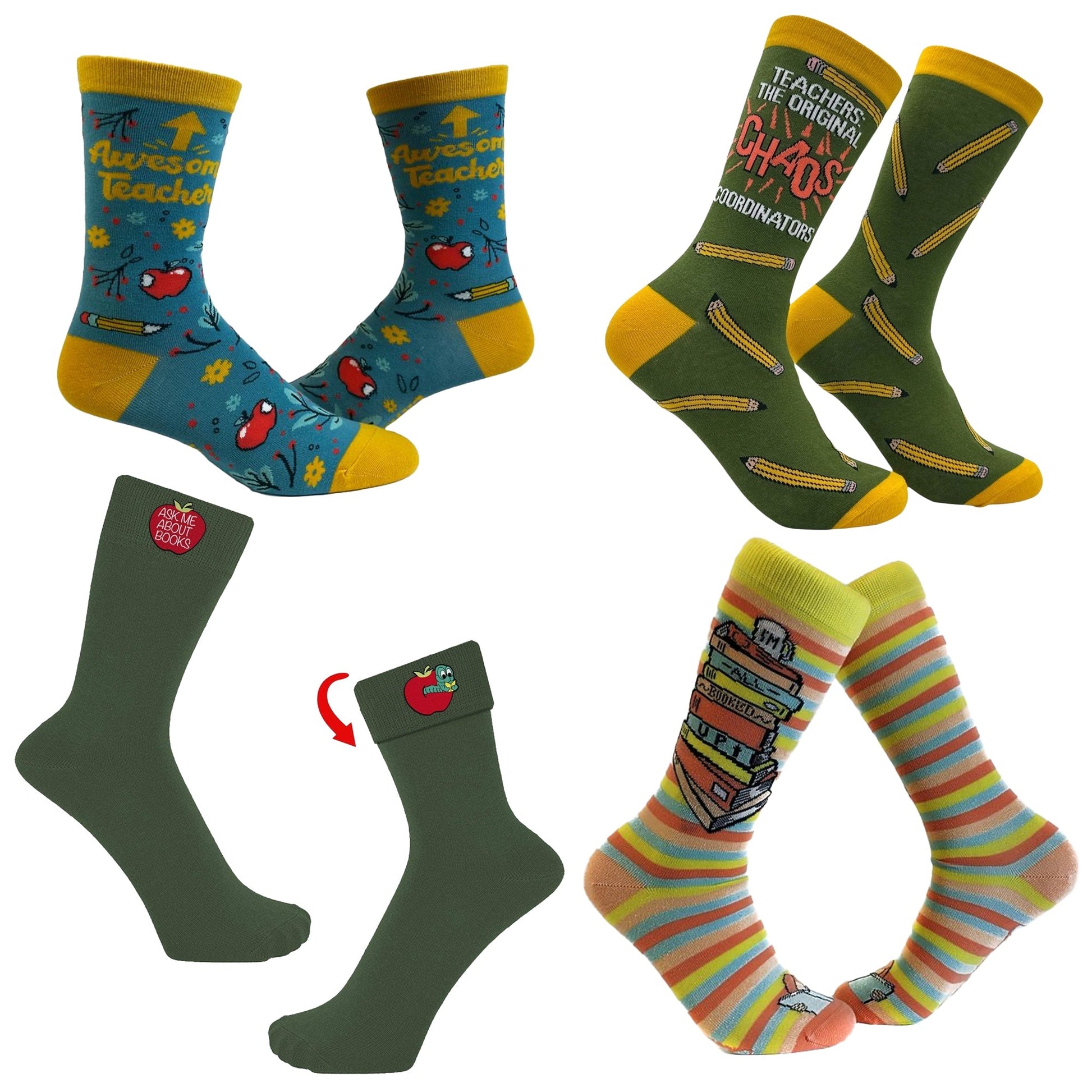 Women's Teacher Socks Bundle (4 Pack) funny Sarcastic School Graphic Footwear for Ladies