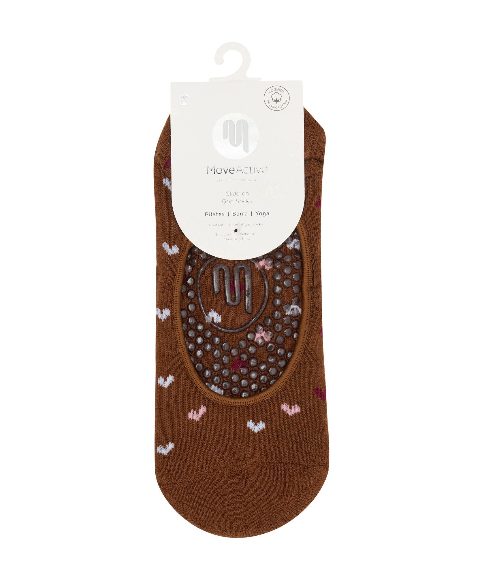 Slide On Non Slip Grip Socks - Hearts Aflutter Brown
