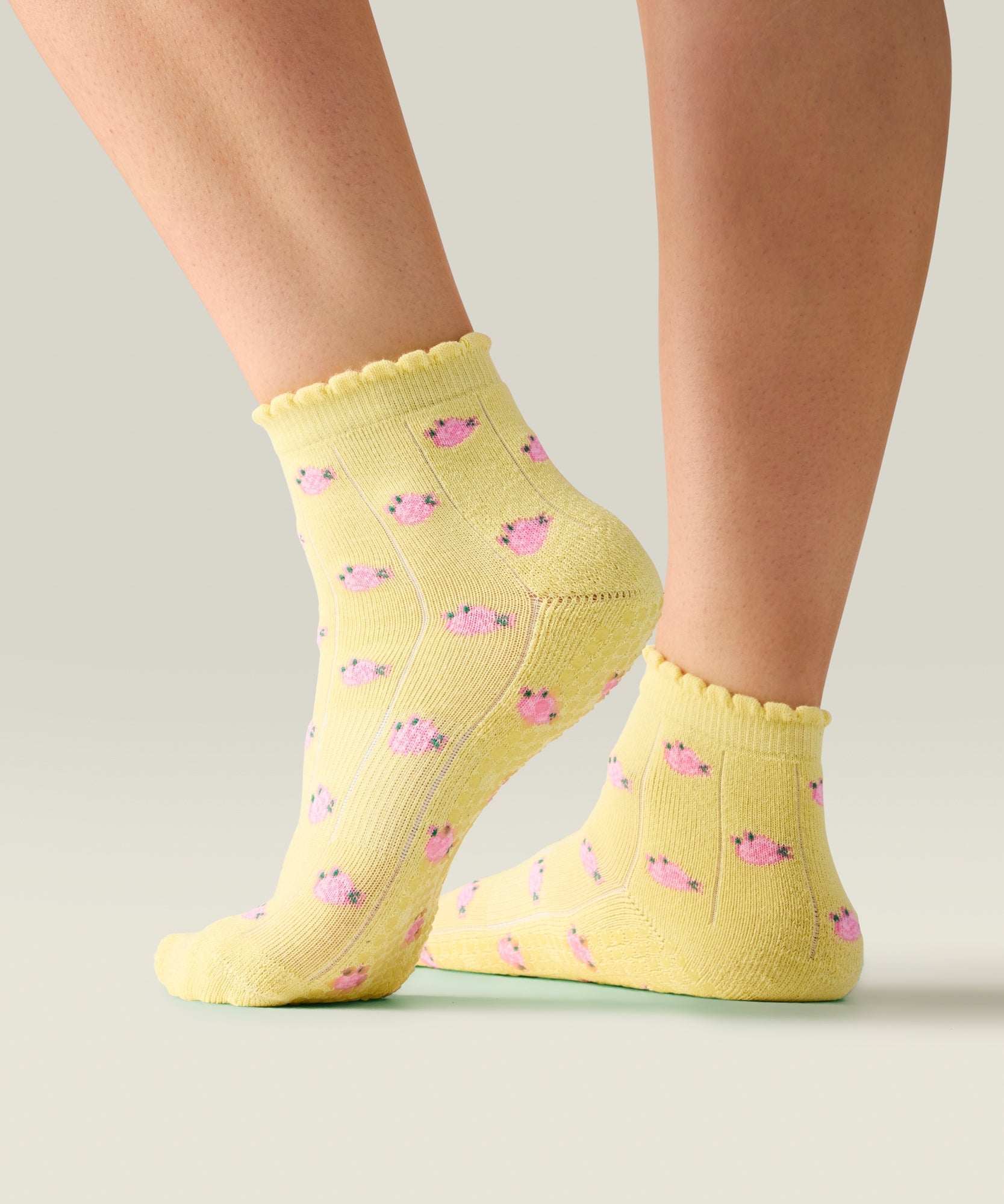 Quarter Crew Non Slip Grip Socks - Wild Rose Maize