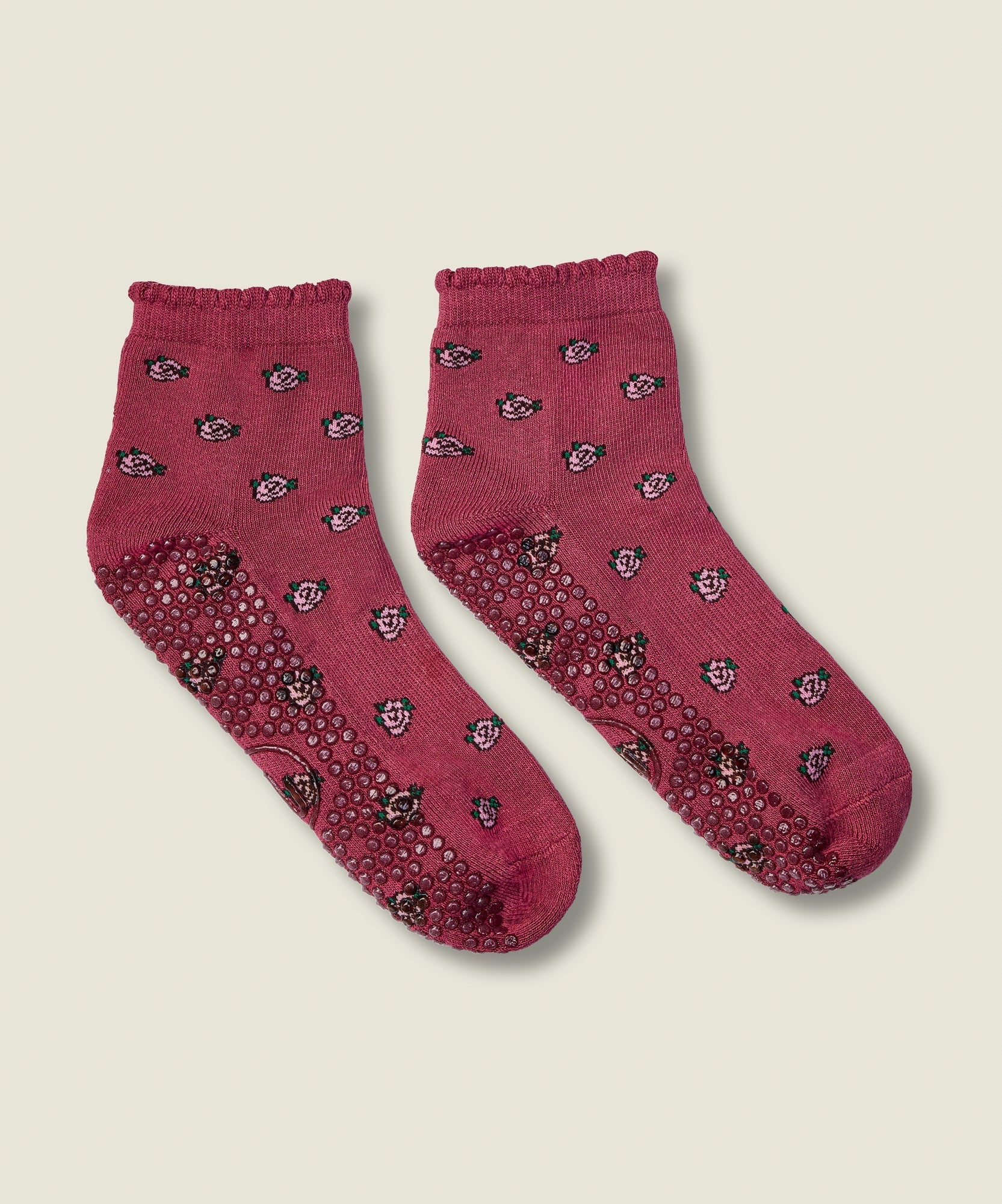 Quarter Crew Non Slip Grip Socks - Wild Rose Berry