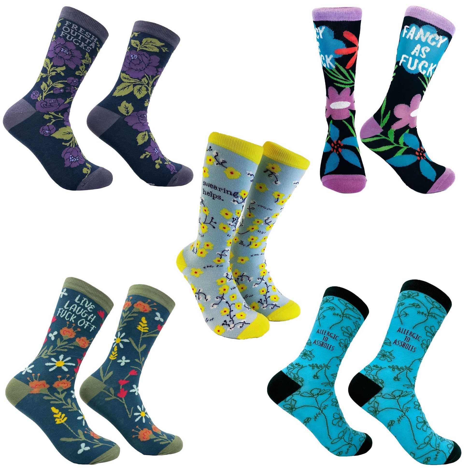 Women’s Swear Word Print Socks – 5 Pack Casual Crew Socks
